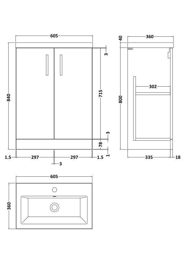 Nuie 605mm Freestanding Single Bathroom Vanity with Ceramic Vanity Top